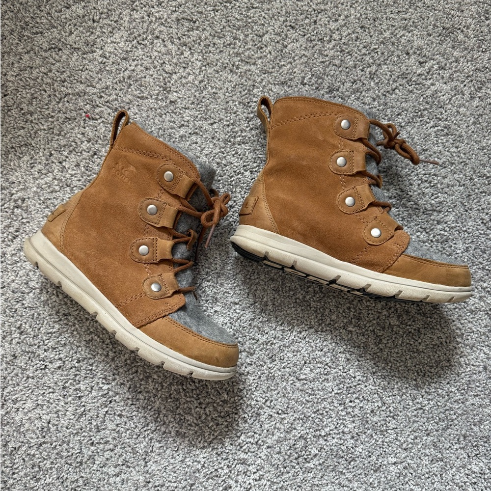 Sorel Explorer Joan Tan and Gray Lace-Up Boots